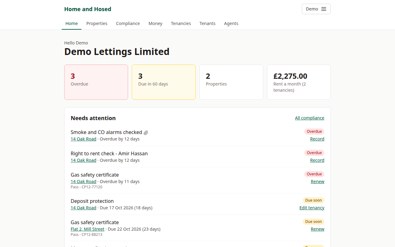 The dashboard: renewals due soon and rent across the portfolio